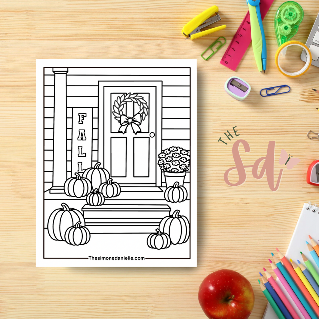 Fall Porch Coloring Page | Instant PDF Download